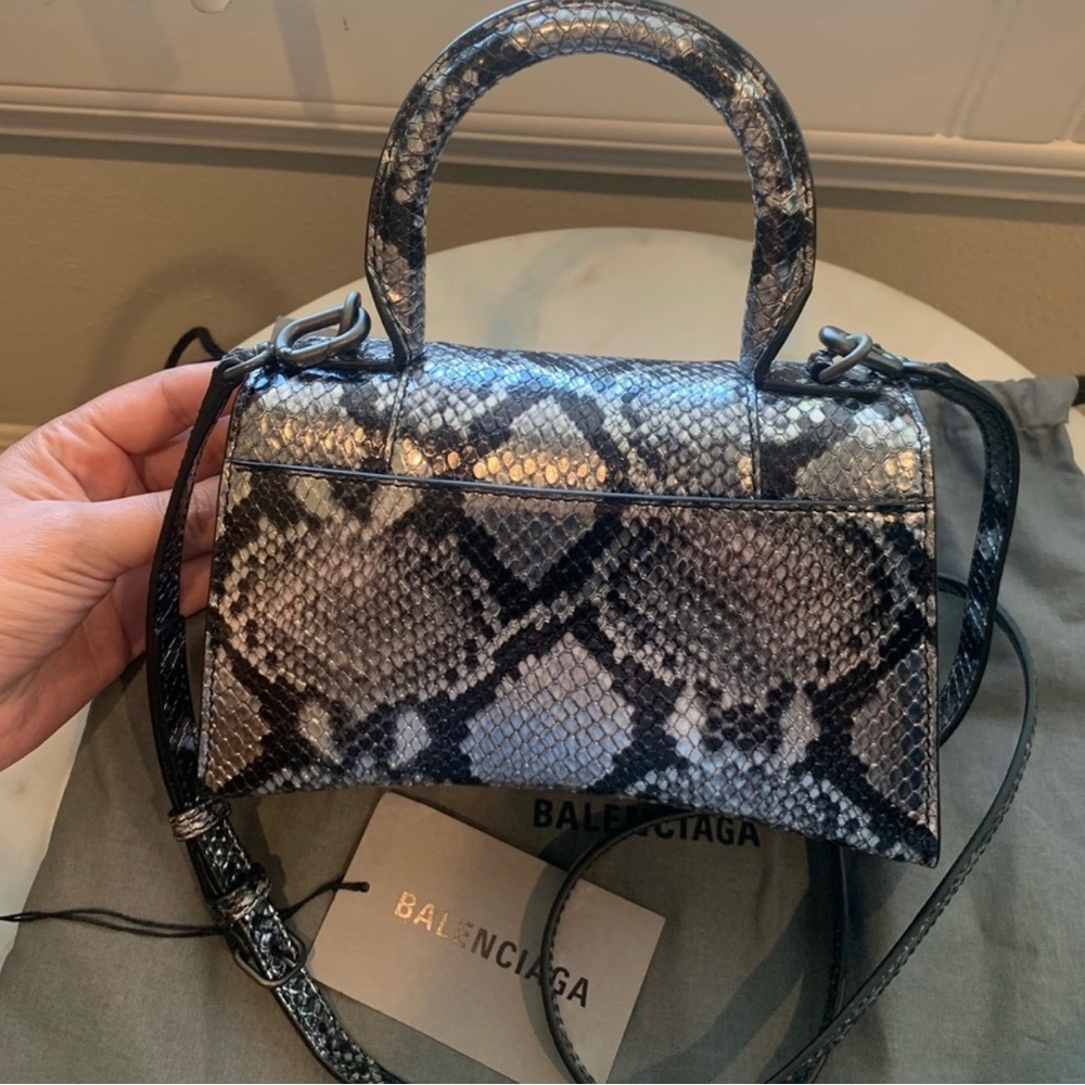 Balenciaga XS Hourglass snakeskin leather top handle bag in black and silver - Picture 6 of 8